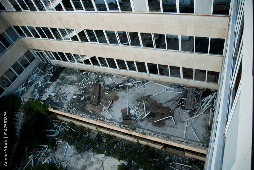 Abandoned dirty demolished building, one of hotels in Kupari complex near Dubrovnik city