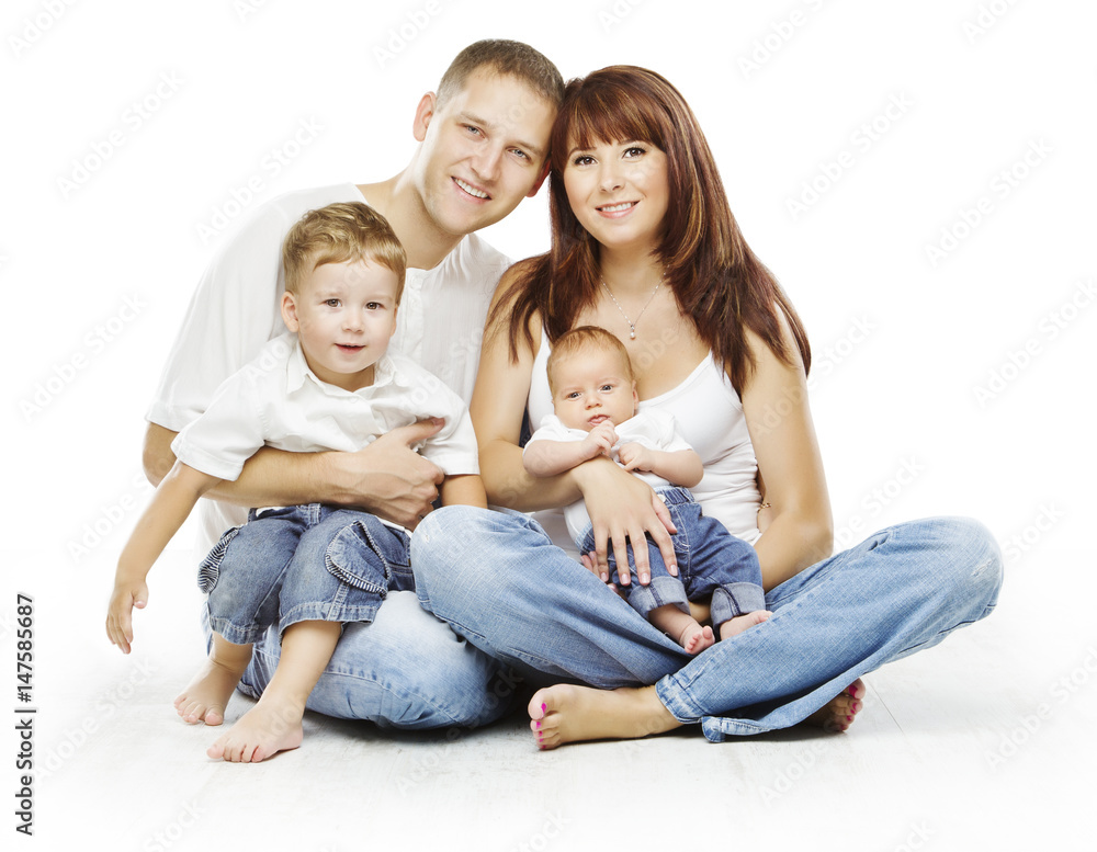 Family on White Background, People Four Persons, Happy Parents sit with Children, Isolated over White Family on White Background, People Four Persons, Happy Parents sit with Children, Isolated over White