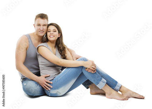 Couple Sitting over White Background, Happy Young Adult People, Isolated Man and Woman