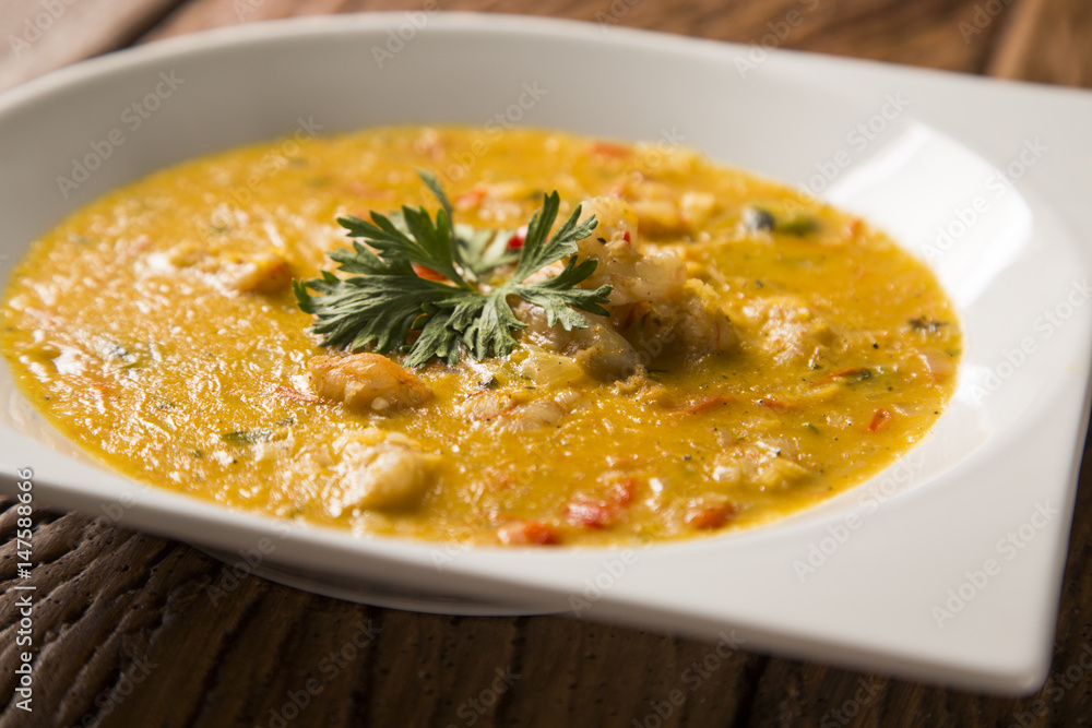 shrimp bobo - a Brazilian dish of shrimp in a pure of manioc meal and coconut milk. Bobo de camarao. shrimp bobo - a Brazilian dish of shrimp in a pure of manioc meal and coconut milk. Bobo de camarao.