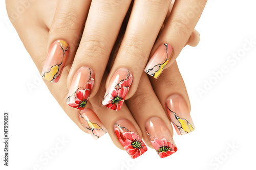 Nail extensions. Manicure and flower painting.Isolated.