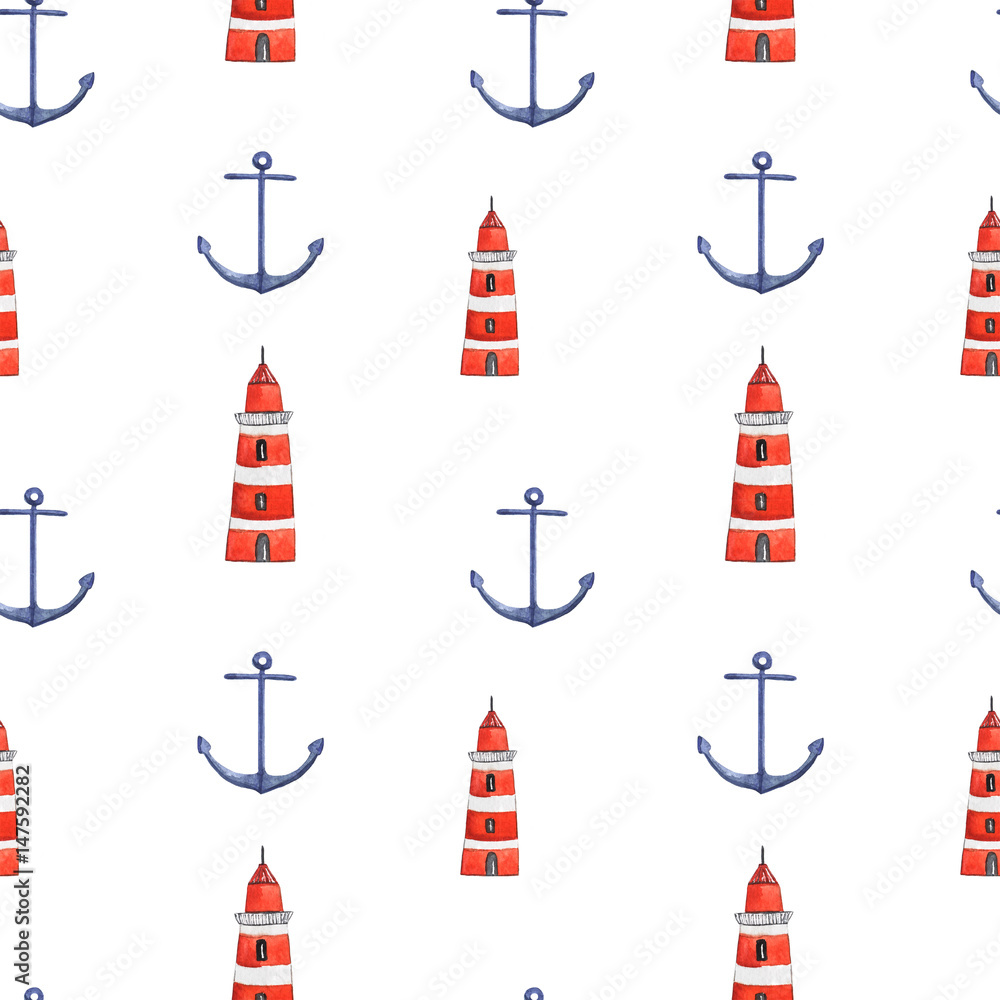 Watercolor hand drawn sea nautical seamless pattern