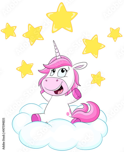 Niedliches Einhorn mit Sternen auf Wolke Vektor-Illustration
