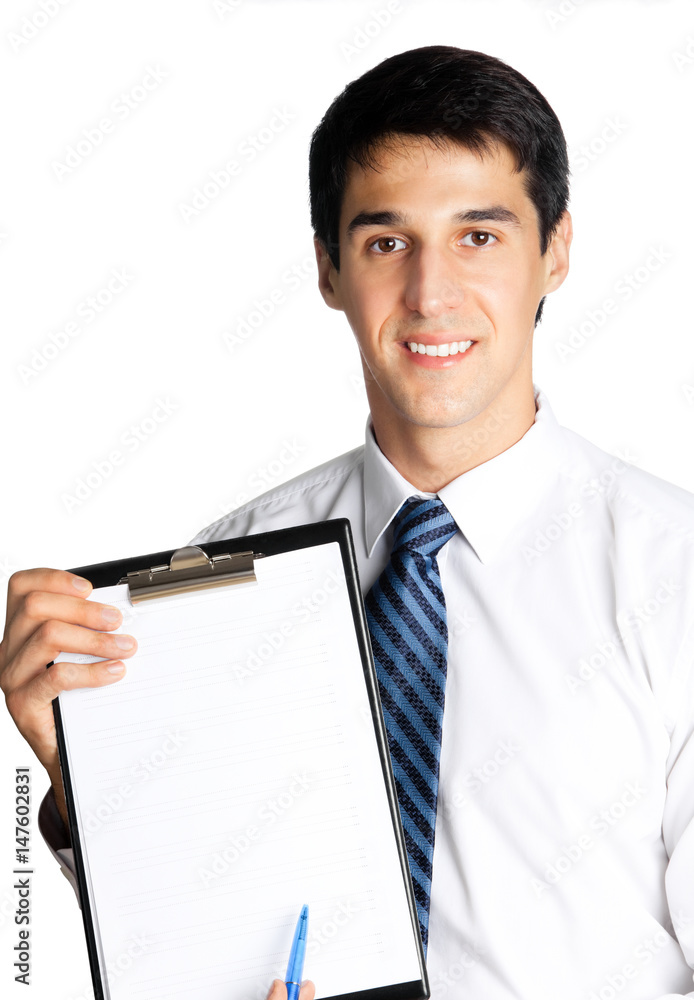 young businessman showing blank clipboard, isolated young businessman showing blank clipboard, isolated
