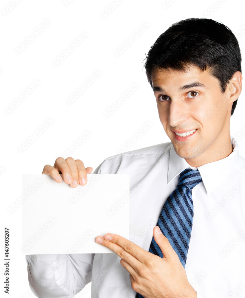 young businessman showing blank signboard, isolated young businessman showing blank signboard, isolated