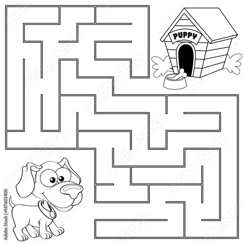 
Help puppy find path to his house. Labyrinth. Maze game for kids. Black and white vector illustration for coloring book