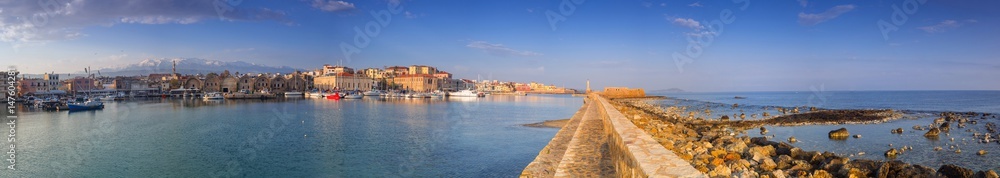 Panorama of the old Venetian harbour in Chania, Crete