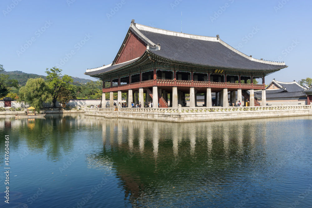 gyeonghoeru pavilion reflection. taken in gyeongbokgung palace in seoul, south korea gyeonghoeru pavilion reflection. taken in gyeongbokgung palace in seoul, south korea