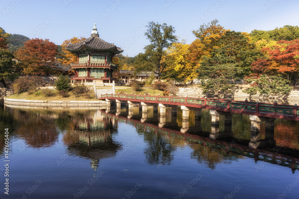 hyangwonjeong pavilion taken during autumn season. during fall foliage. In Gyeongbokgung palace in seoul, south korea