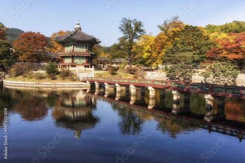 hyangwonjeong pavilion taken during autumn season. during fall foliage. In Gyeongbokgung palace in seoul  south korea