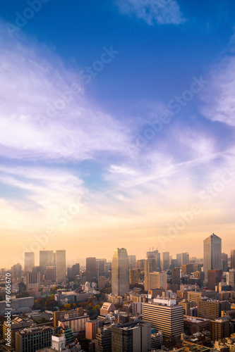 Cityscape of Tokyo, city aerial skyscraper view of office building and downtown of tokyo with sunset / sun rise background. Japan, Asia © lukyeee_nuttawut