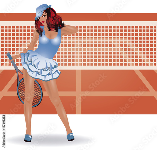 Beautiful girl tennis player on the tennis court, vector illustration