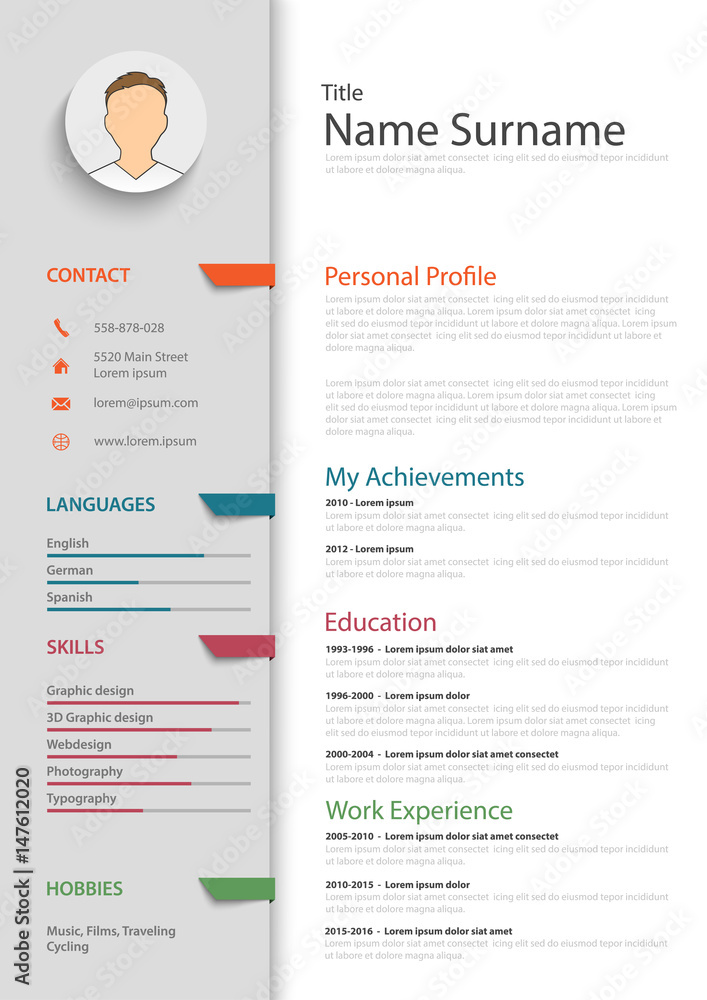 Fototapeta premium Professional resume cv with colored bookmarks template
