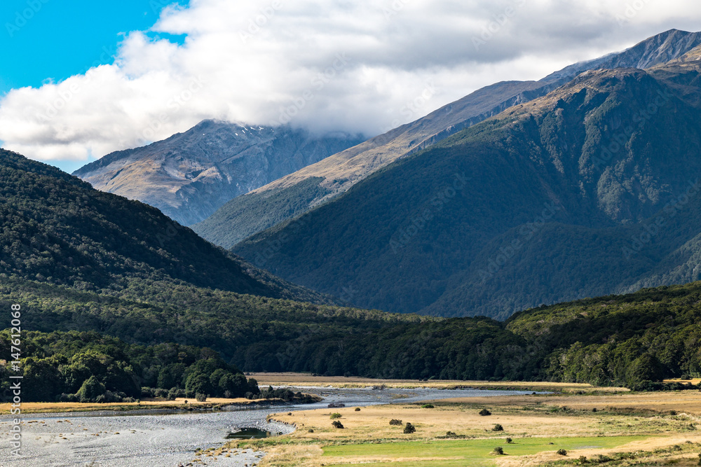 View from Cameron Flat Camping Ground, It's located in the Mount Aspiring National Park near the Makarora River, South Island of New Zealand