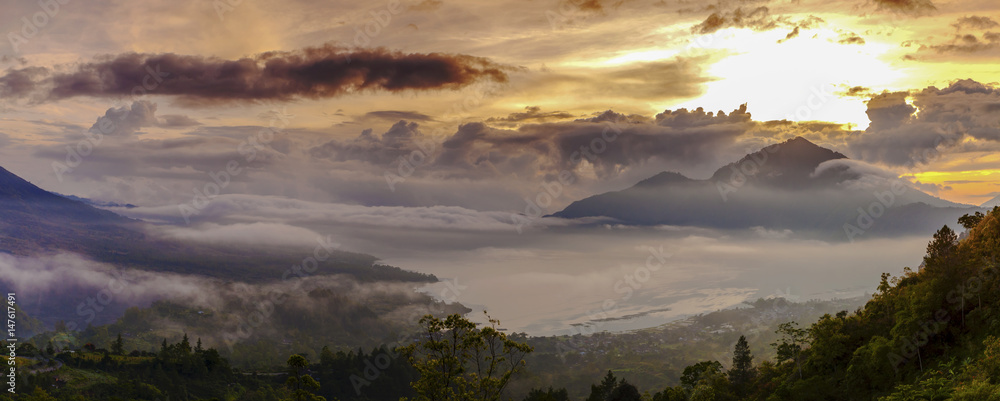 Majestic Landscape Batur Lake sunrise, Bali, Indonesia. Sunrise serenity mountain landscape