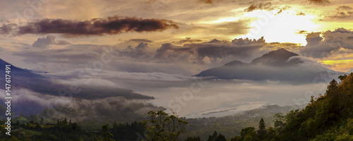 Majestic Landscape Batur Lake sunrise, Bali, Indonesia. Sunrise serenity mountain landscape