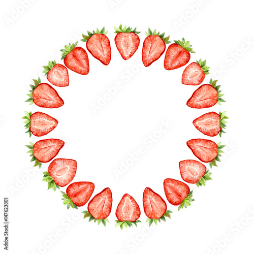 Watercolor strawberry slices circle frame isolated on white. Round berries border on white background