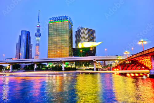 View of the Tokyo skyline along the river at dusk. © Javen