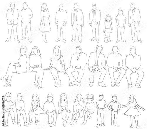  illustration, outlines of people, girls, men, children, people sketches