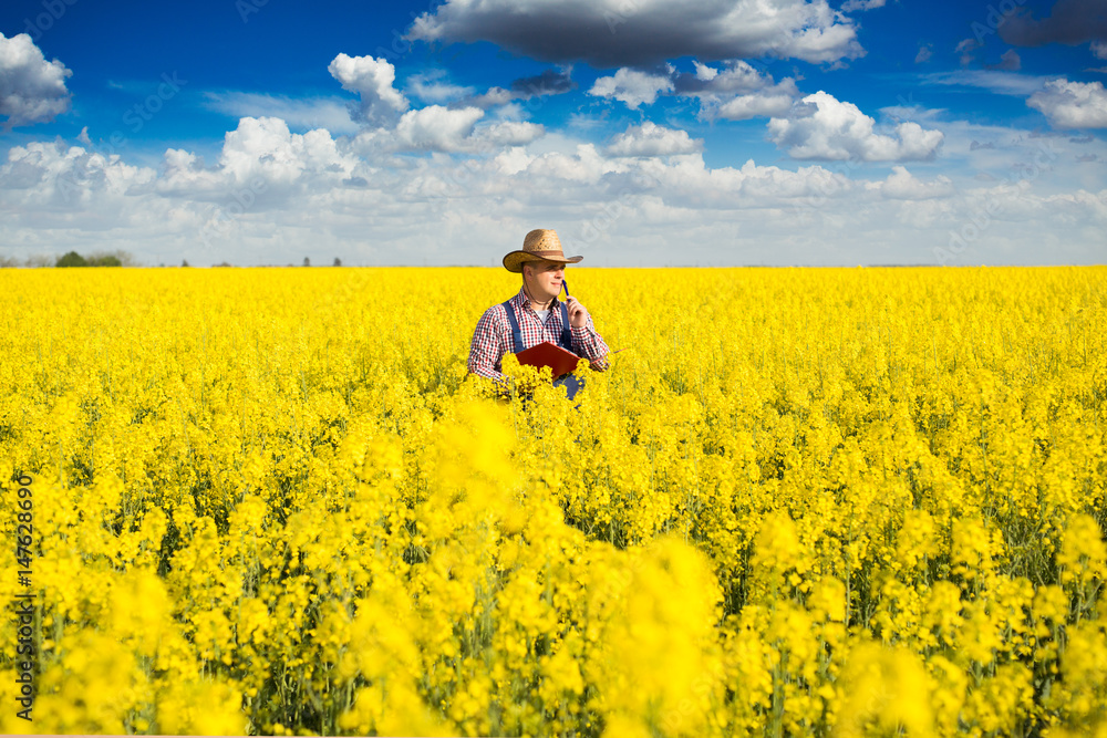 Agronomist standing in field of blooming cultivated rapeseed