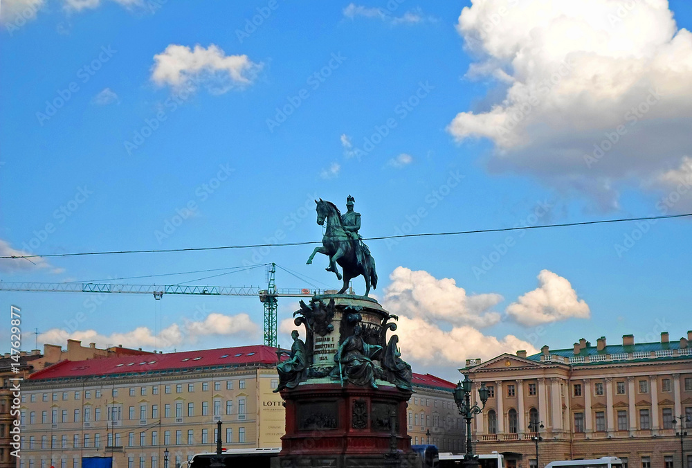 Fototapeta premium The Monument to Nicholas I, a bronze equestrian monument of Nicholas I of Russia on St Isaac's Square (in front of Saint Isaac's Cathedral) in Saint Petersburg, Russia - June 2016
