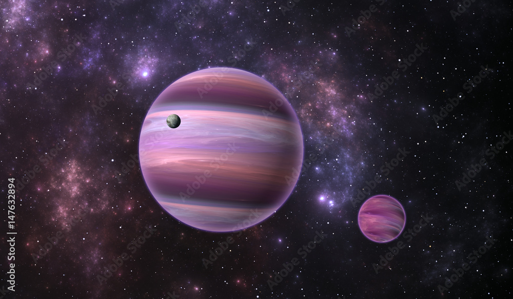 Extrasolar planet. Gas extrasolar planet with moon on background nebula, illustration