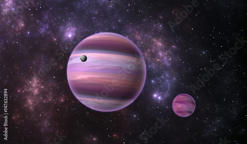 Extrasolar planet. Gas extrasolar planet with moon on background nebula, illustration