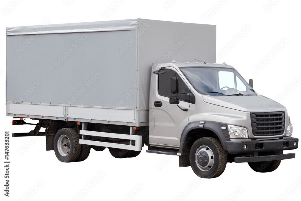Modern truck with a grey tent isolated on white background. Modern truck with a grey tent isolated on white background.