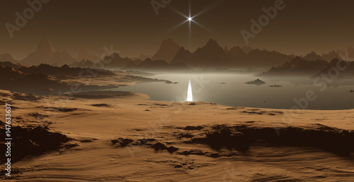 Titan, largest moon of Saturn with dense atmosphere. Hydrocarbon lakes and seas of Saturn moon Titan. 3D illustration photo