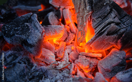 Smoldering ashes. Burning coal. BBQ barbecue.
