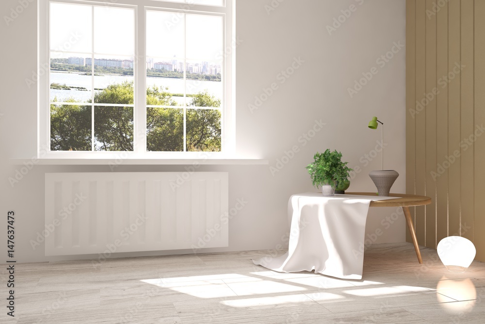 Fototapeta premium White empty room with green landscape in window. Scandinavian interior design. 3D illustration