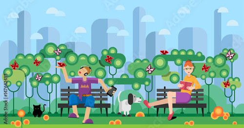Boy and woman sitting on a bench in the park behind the city. Horizontal banner. Flat design style © margg