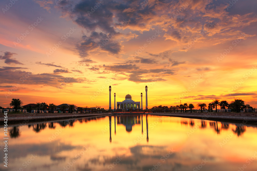 Beautiful sunset with silhouette mosque in Thailand.