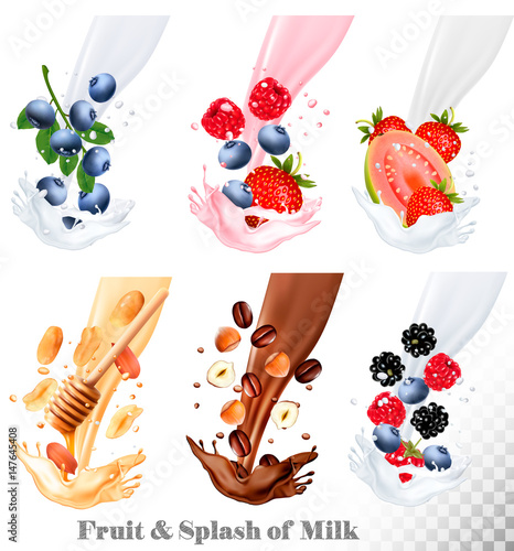 Set of different milk splashes with fruit, nuts and berries. Vector.