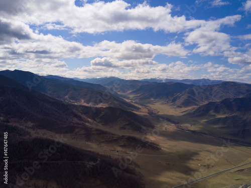 Altai mountains. Beautiful highland landscape. Russia. Siberia. Flight on quadcopter. Top view
