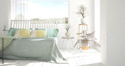 White bedroom with green landscape in window. Scandinavian interior design. 3D illustration © AntonSh