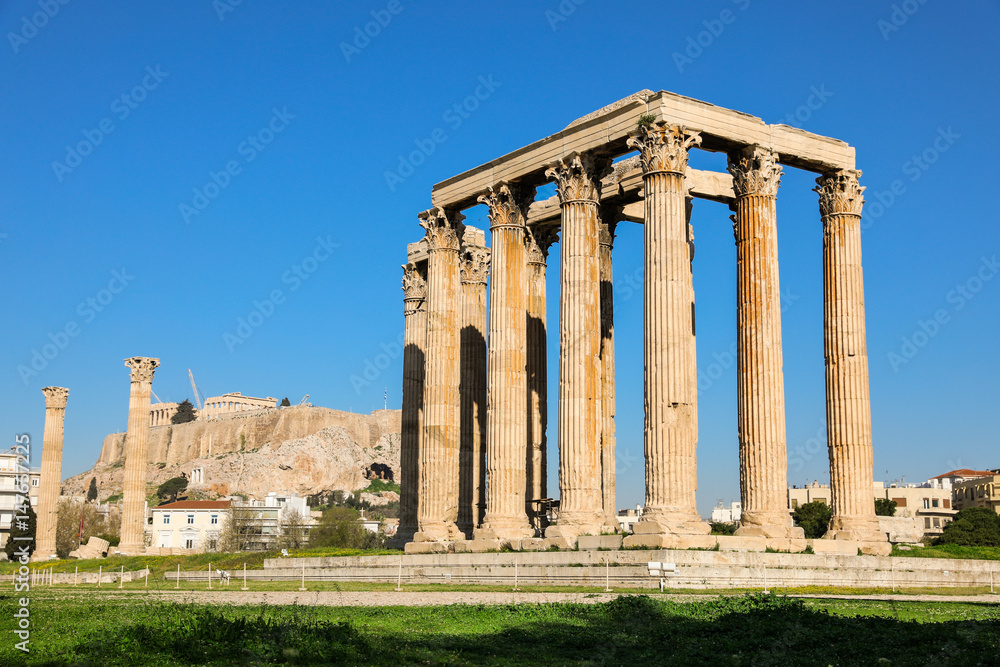 Temple of Olympian Zeus and Acropolis Hill, Athens, Greece.