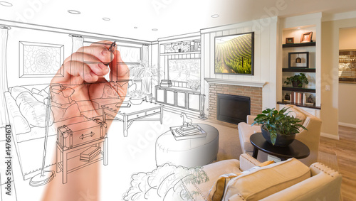 Foto Hand Drawing Custom Livingroom Design With Gradation Revealing Photograph
