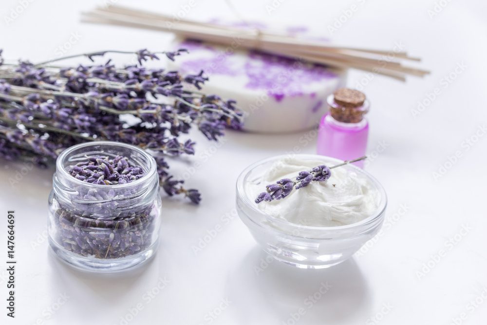 lavender flowers in organic cosmetic set on white background lavender flowers in organic cosmetic set on white background