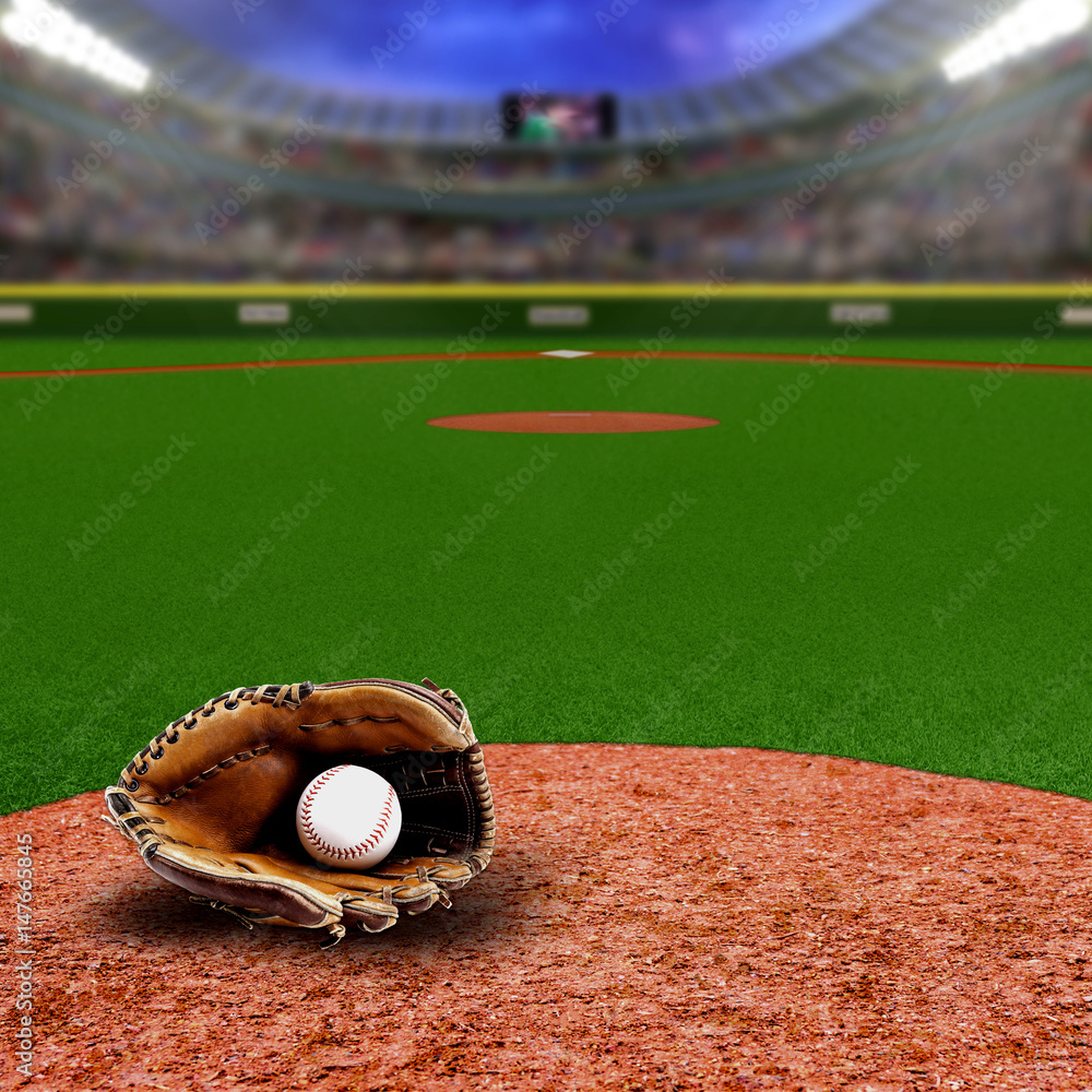 Obraz premium Baseball Stadium With Glove and Ball With Copy Space