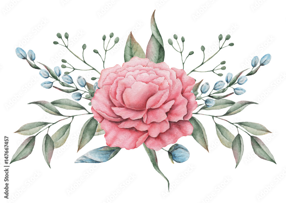 Hand painted watercolor charming combination of Flowers and Leaves ...