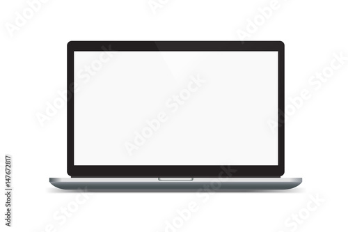 Realistic vector illustration of metal black and silver laptop with open blank display isolated on white background