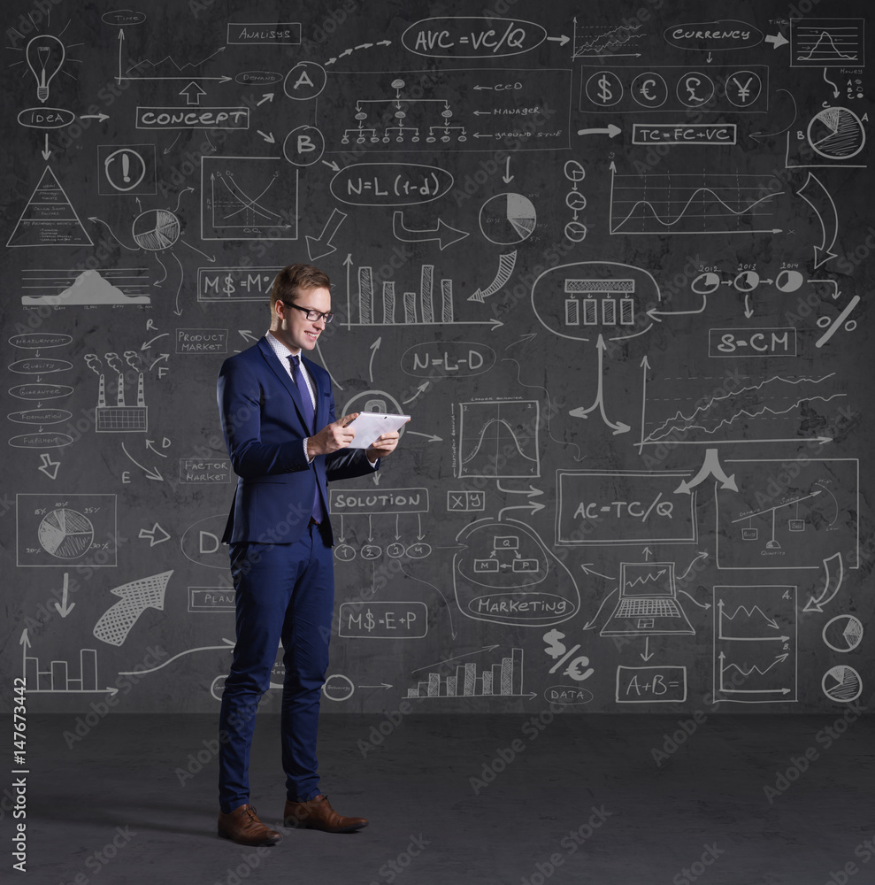Businessman with computer tablet. Schematic background. Business and office, concept. Businessman with computer tablet. Schematic background. Business and office, concept.