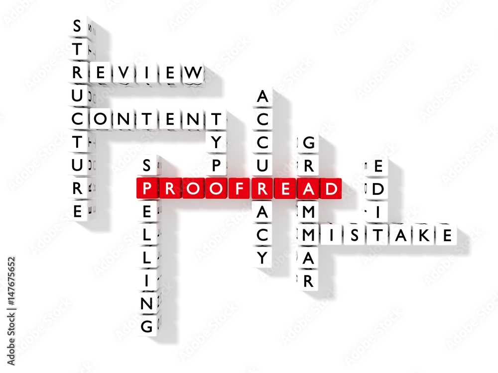 Flat crossword puzzle showing proofreading keywords as dice Stock