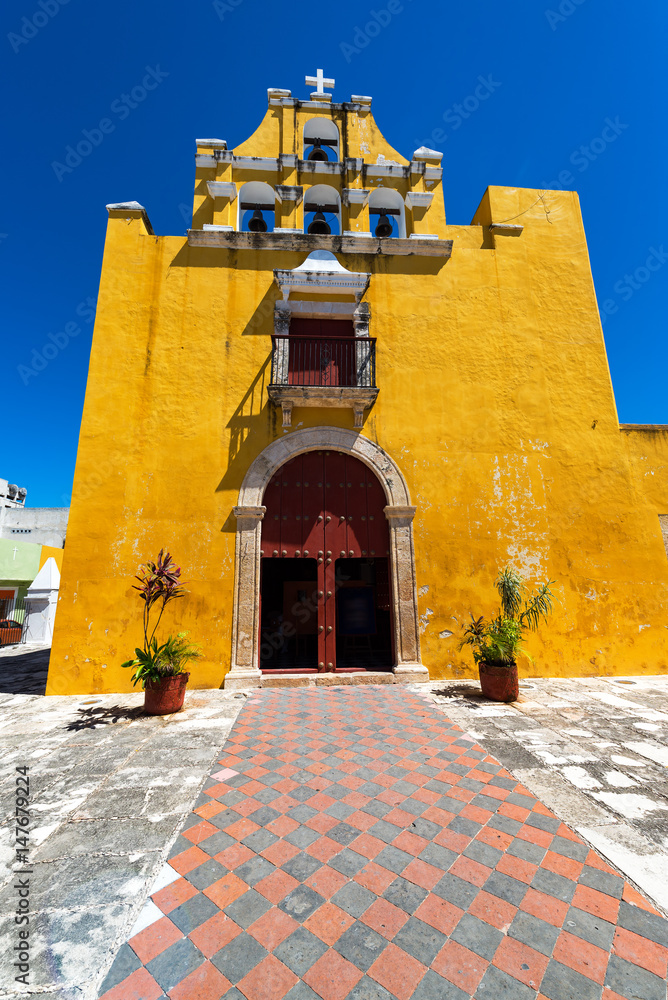Yellow Colonial Church in Campeche, Mexico