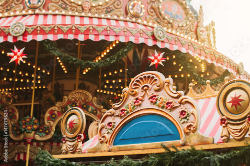 Carousel decorated in a Christmas style. Celebration concept.