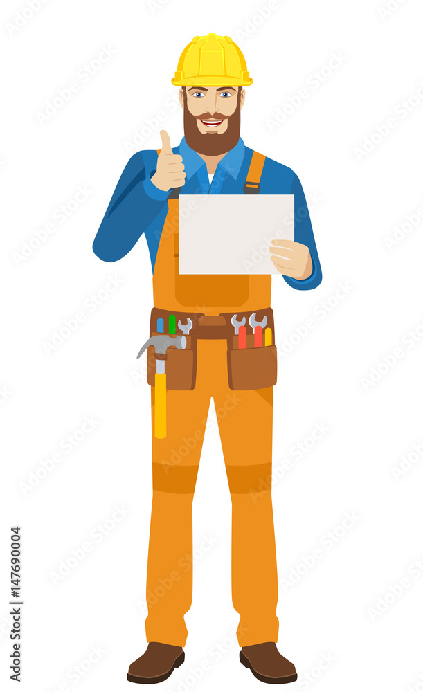 Worker holding a a paper and showing thumb up Worker holding a a paper and showing thumb up