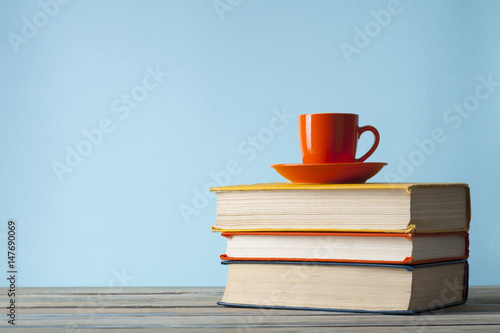Stack book on wooden table. Education background. Back to school.Copy space for text.