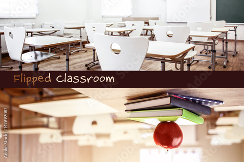 Εκτύπωση καμβά School teacher's desk with stack of books and apple