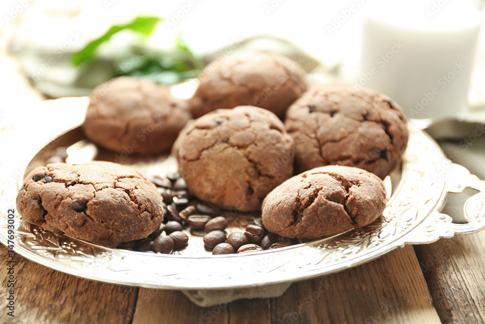 Tray with delicious coffee cookies, closeup Tray with delicious coffee cookies, closeup